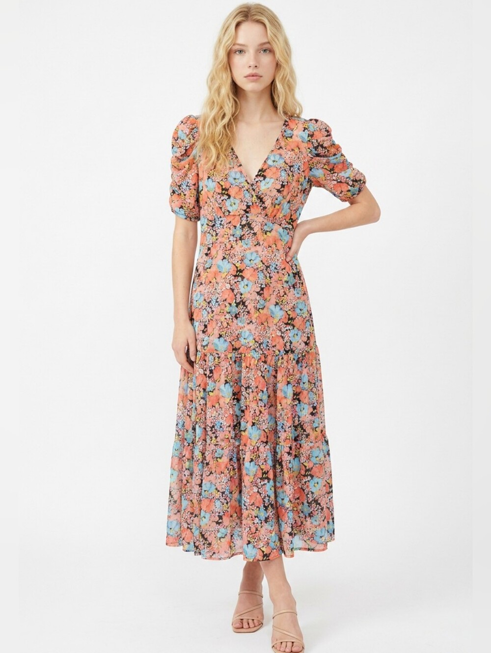 SO Coral and Blue Floral V-Neck Maxi Dress Large